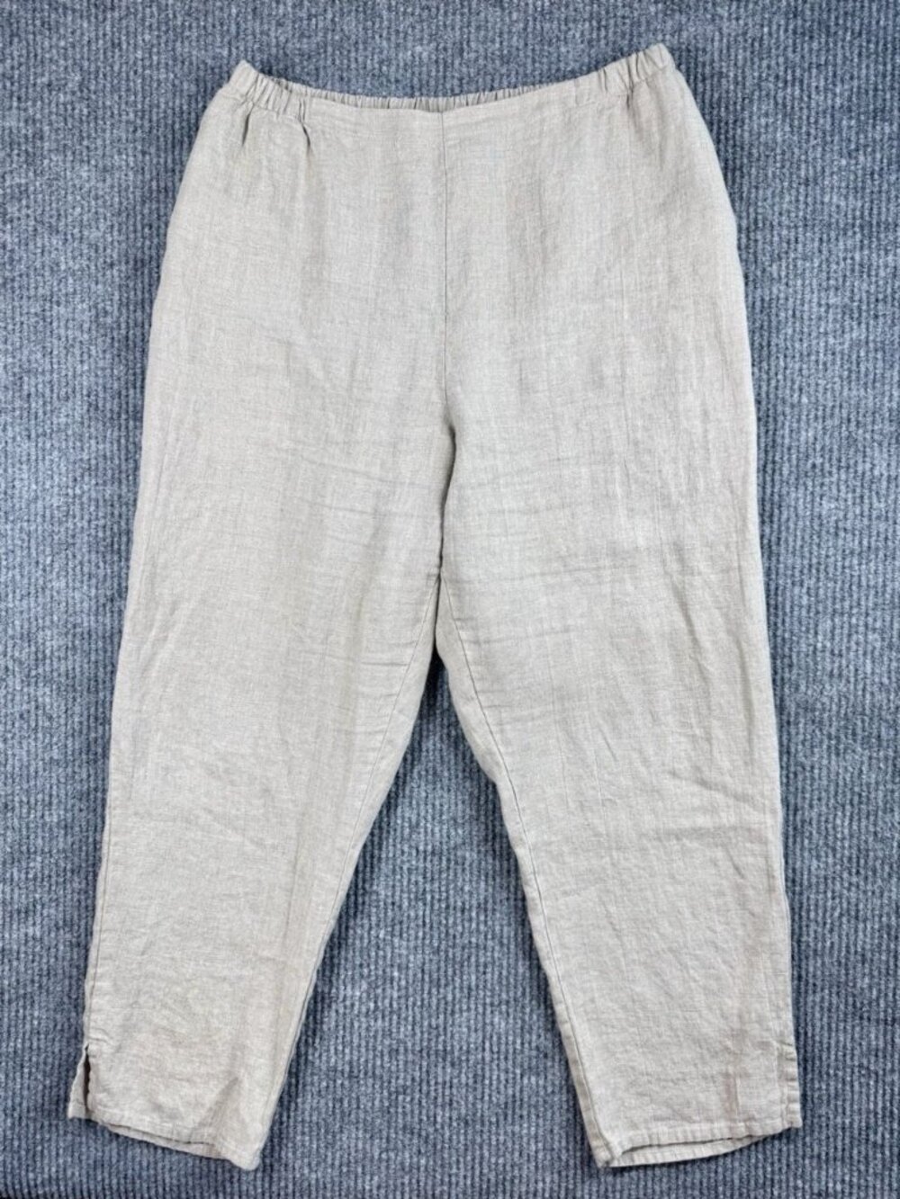 FLAX Linen Pants Womens Medium Beige Tan Crop Relaxed Pull On Lagenlook Coastal